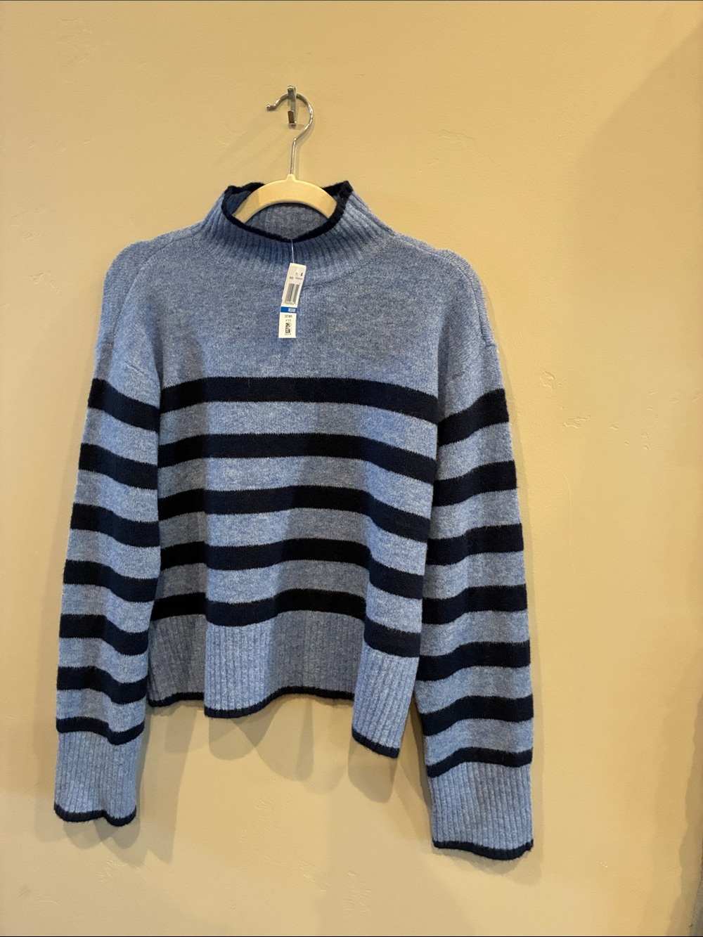 NWT, Ultra Flirt Striped Mock Neck Women's Sweater - Light Blue & dark blue